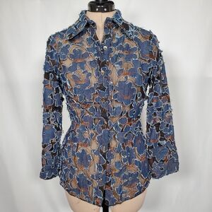 Mishca Women's Shirt Small Blue Denim Distressed Applique on Mesh Embroidered